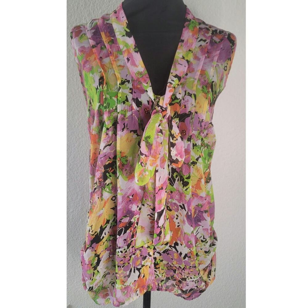 Sheer Sleeveless Tie Front Blouse Vibrant Floral Print Ruched Details Sz Medium
